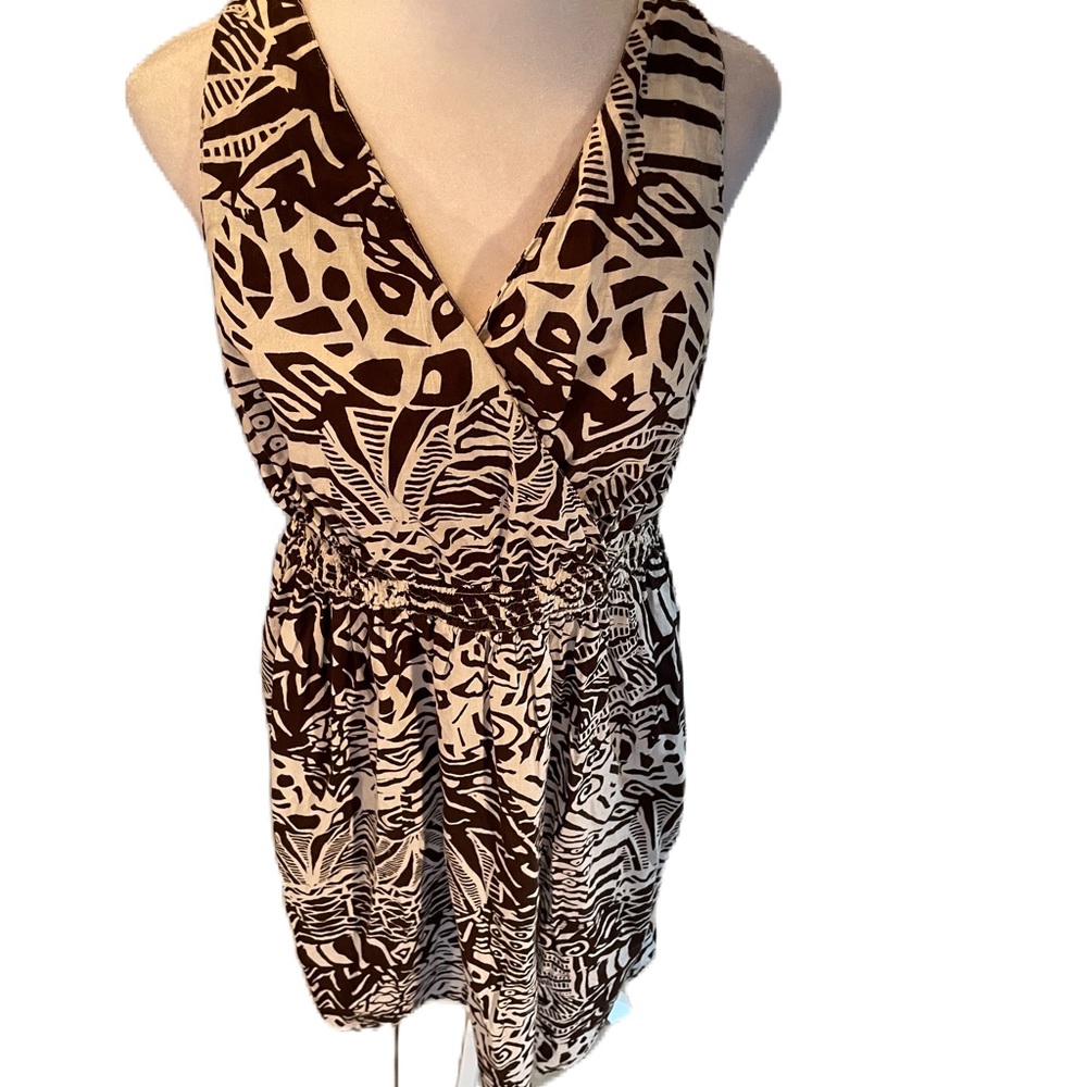 Avenue Brown & White Abstract/Tribal Print Sleeveless Midi V-Neck Overlapping